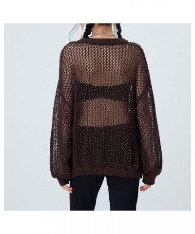 Women Long Sleeve Sweaters Hollow Out Loose Round Neck Off Shoulder Crochet Cutout Fishnet Pullover Knitwear S-coffee $14.52 ...