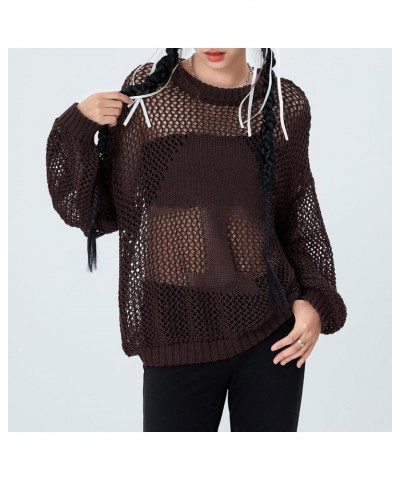 Women Long Sleeve Sweaters Hollow Out Loose Round Neck Off Shoulder Crochet Cutout Fishnet Pullover Knitwear S-coffee $14.52 ...