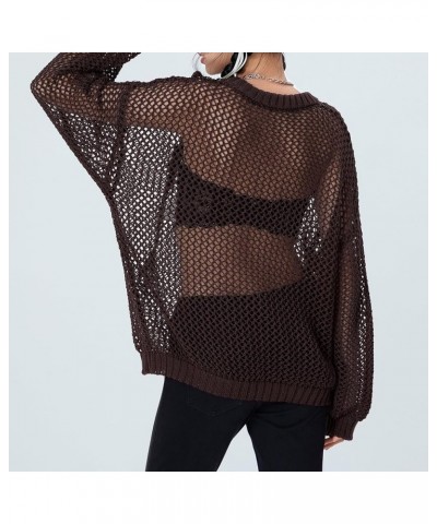 Women Long Sleeve Sweaters Hollow Out Loose Round Neck Off Shoulder Crochet Cutout Fishnet Pullover Knitwear S-coffee $14.52 ...