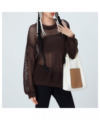 Women Long Sleeve Sweaters Hollow Out Loose Round Neck Off Shoulder Crochet Cutout Fishnet Pullover Knitwear S-coffee $14.52 ...