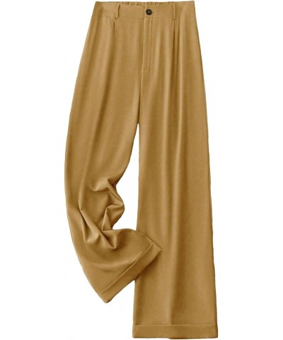 Women's Plus Size Button Front Elastic High Waist Wide Leg Pants Casual Solid Trousers Khaki $18.87 Pants