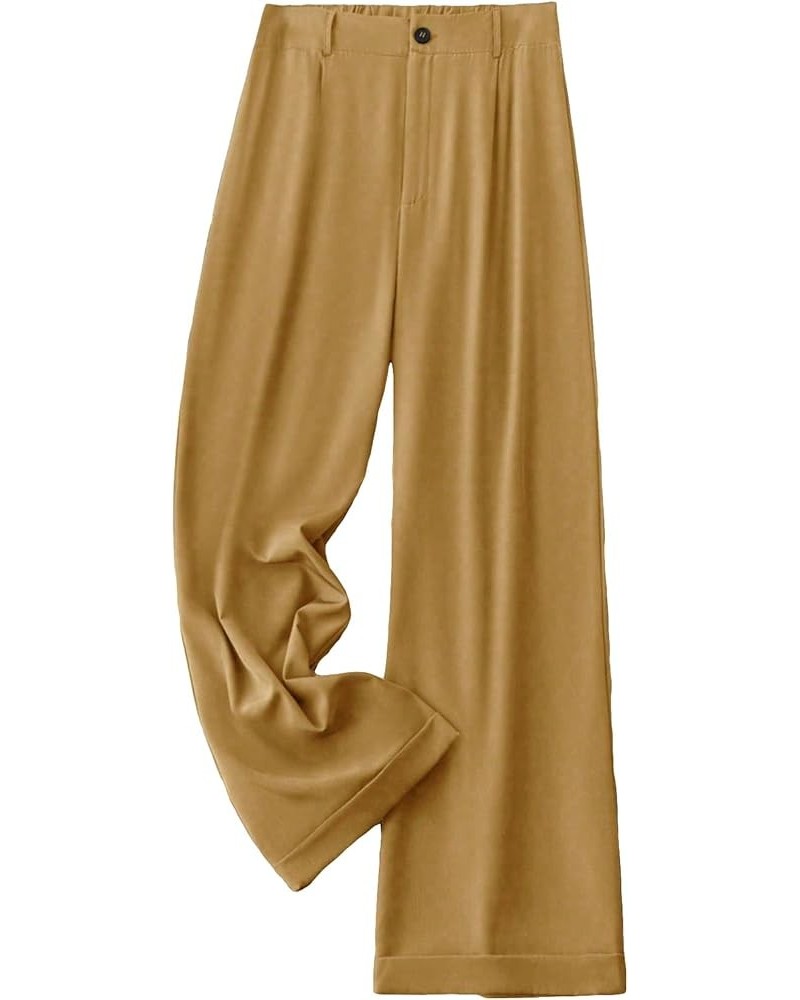 Women's Plus Size Button Front Elastic High Waist Wide Leg Pants Casual Solid Trousers Khaki $18.87 Pants