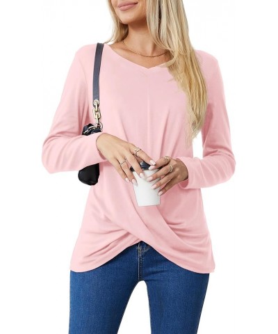 Women's Long Sleeve Tops 2024 Fall Winter Fashion Tunics Casual Front Twist T-Shirt V Neck Tunics Tops Pink $12.59 Tops