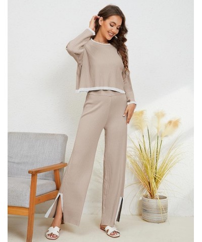 Two Piece Outfits for Women Sweater Set Lounge Set Knitted Long Sleeve Pullover Wide Leg Pants Fall Outfits Khaki $24.74 Acti...