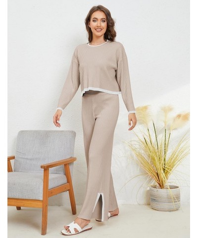 Two Piece Outfits for Women Sweater Set Lounge Set Knitted Long Sleeve Pullover Wide Leg Pants Fall Outfits Khaki $24.74 Acti...