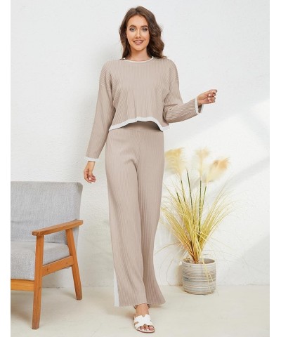 Two Piece Outfits for Women Sweater Set Lounge Set Knitted Long Sleeve Pullover Wide Leg Pants Fall Outfits Khaki $24.74 Acti...