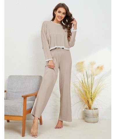 Two Piece Outfits for Women Sweater Set Lounge Set Knitted Long Sleeve Pullover Wide Leg Pants Fall Outfits Khaki $24.74 Acti...