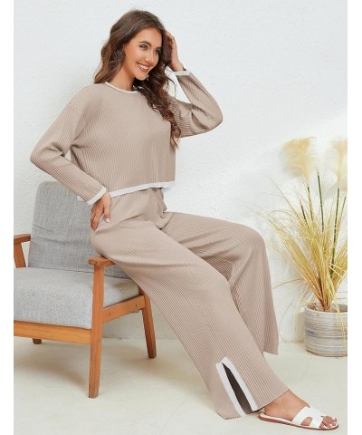 Two Piece Outfits for Women Sweater Set Lounge Set Knitted Long Sleeve Pullover Wide Leg Pants Fall Outfits Khaki $24.74 Acti...