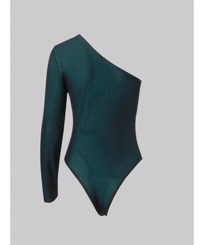 Women's One Shoulder Long Sleeve Stretch Bodysuit Jumpsuit Dark Green $12.46 Bodysuits