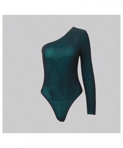 Women's One Shoulder Long Sleeve Stretch Bodysuit Jumpsuit Dark Green $12.46 Bodysuits