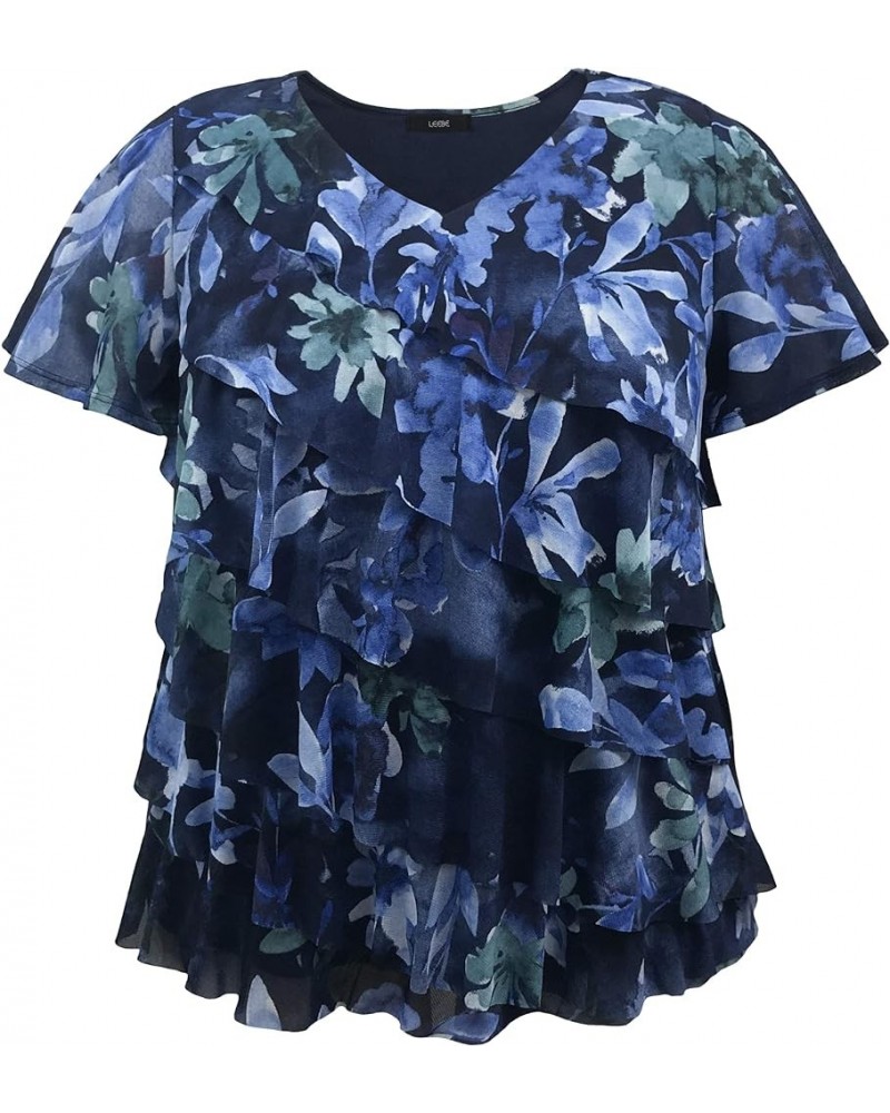 Women and Plus Size Printed Mesh Ruffle Top (Small-5X) V Blue Florals $10.12 Tanks