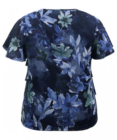 Women and Plus Size Printed Mesh Ruffle Top (Small-5X) V Blue Florals $10.12 Tanks