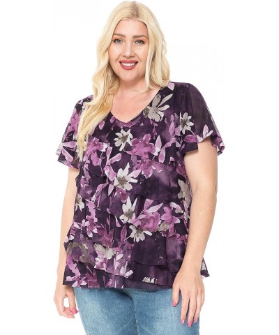 Women and Plus Size Printed Mesh Ruffle Top (Small-5X) V Blue Florals $10.12 Tanks