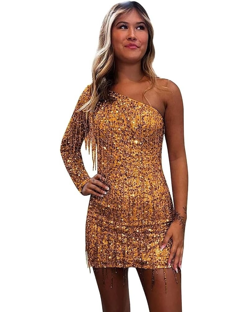 One Shoulder Homecoming Dresses for Teens Sequin Short Cocktail Dress with Fringe Tight Prom Ballgown Gold $28.61 Dresses