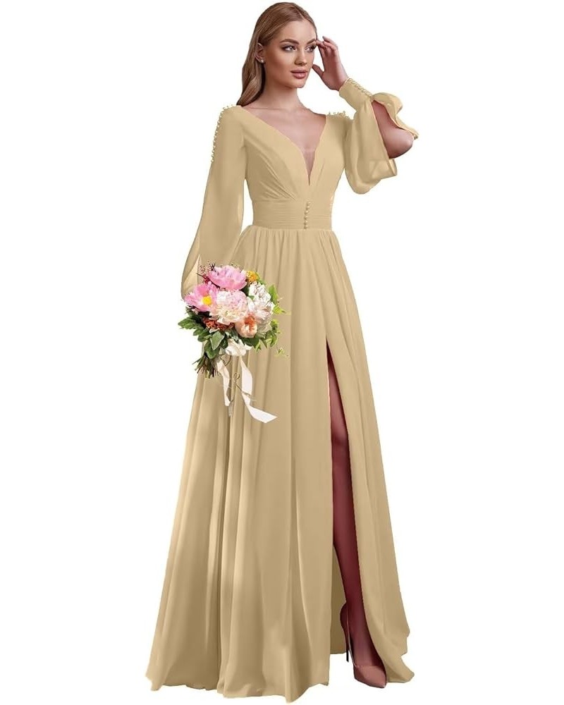 V Neck Bridesmaid Dresses Chiffon Long Sleeve Wedding Guest Dresses for Women Formal Evening Party Gowns with Slit Champagne ...