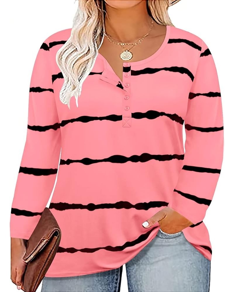 Womens Plus Size Henley Tops Long Sleeve Shirts Crewneck Button Up Blouse Pullover XL-5X 9-tie Dye Pink $10.00 Tops