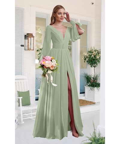 V Neck Bridesmaid Dresses Chiffon Long Sleeve Wedding Guest Dresses for Women Formal Evening Party Gowns with Slit Champagne ...