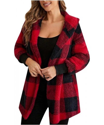 Winter Coats for Women Sherpa Plaid Shacket Plus Size Oversized Cardigan Color Block Teddy Coat Fuzzy Fleece Jacket 2✦✧red $9...