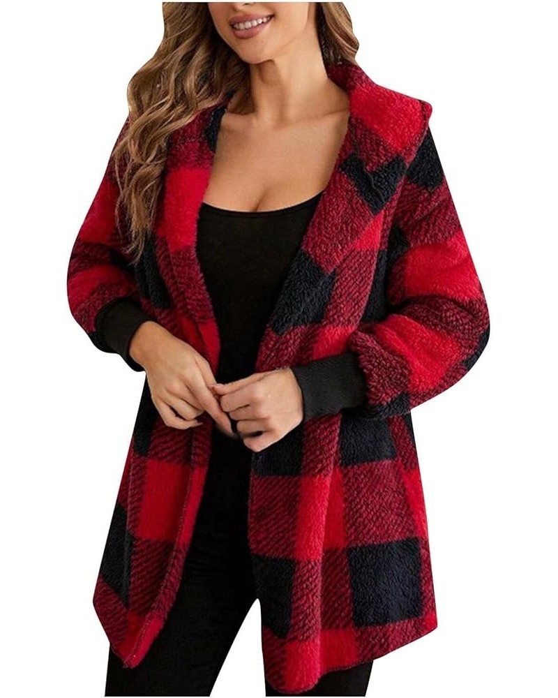 Winter Coats for Women Sherpa Plaid Shacket Plus Size Oversized Cardigan Color Block Teddy Coat Fuzzy Fleece Jacket 2✦✧red $9...