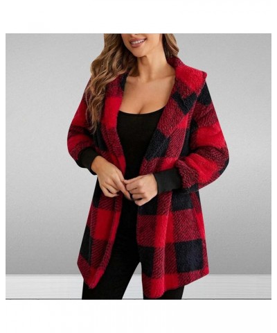 Winter Coats for Women Sherpa Plaid Shacket Plus Size Oversized Cardigan Color Block Teddy Coat Fuzzy Fleece Jacket 2✦✧red $9...