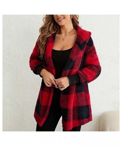 Winter Coats for Women Sherpa Plaid Shacket Plus Size Oversized Cardigan Color Block Teddy Coat Fuzzy Fleece Jacket 2✦✧red $9...