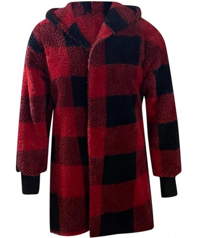 Winter Coats for Women Sherpa Plaid Shacket Plus Size Oversized Cardigan Color Block Teddy Coat Fuzzy Fleece Jacket 2✦✧red $9...