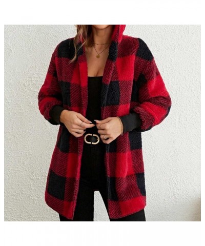 Winter Coats for Women Sherpa Plaid Shacket Plus Size Oversized Cardigan Color Block Teddy Coat Fuzzy Fleece Jacket 2✦✧red $9...