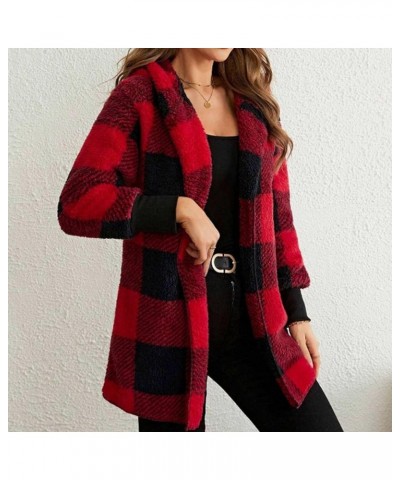 Winter Coats for Women Sherpa Plaid Shacket Plus Size Oversized Cardigan Color Block Teddy Coat Fuzzy Fleece Jacket 2✦✧red $9...