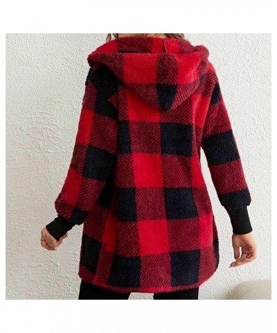 Winter Coats for Women Sherpa Plaid Shacket Plus Size Oversized Cardigan Color Block Teddy Coat Fuzzy Fleece Jacket 2✦✧red $9...