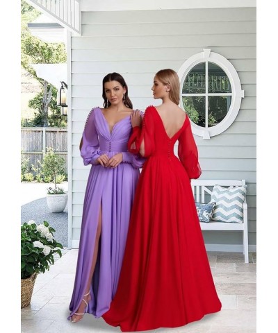 V Neck Bridesmaid Dresses Chiffon Long Sleeve Wedding Guest Dresses for Women Formal Evening Party Gowns with Slit Champagne ...