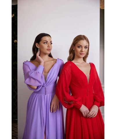 V Neck Bridesmaid Dresses Chiffon Long Sleeve Wedding Guest Dresses for Women Formal Evening Party Gowns with Slit Champagne ...