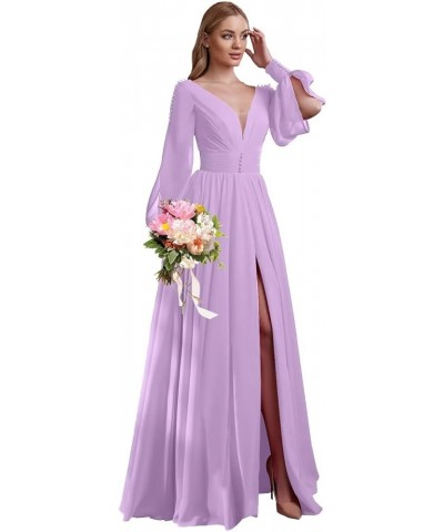 V Neck Bridesmaid Dresses Chiffon Long Sleeve Wedding Guest Dresses for Women Formal Evening Party Gowns with Slit Champagne ...