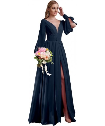 V Neck Bridesmaid Dresses Chiffon Long Sleeve Wedding Guest Dresses for Women Formal Evening Party Gowns with Slit Champagne ...