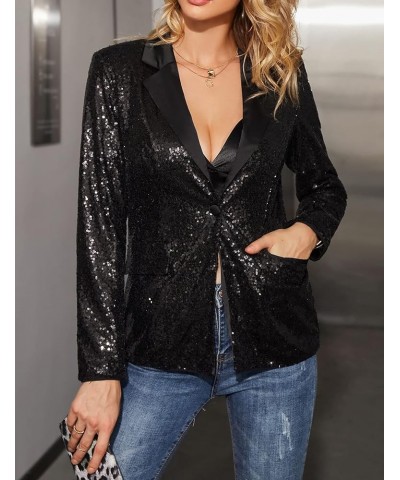 Women Blazer Lightweight Long Sleeves Single Button Slim Casual Business Office Outfit Black Sequin $24.20 Blazers