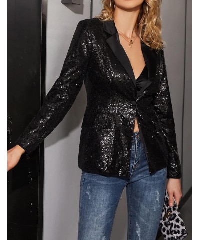 Women Blazer Lightweight Long Sleeves Single Button Slim Casual Business Office Outfit Black Sequin $24.20 Blazers