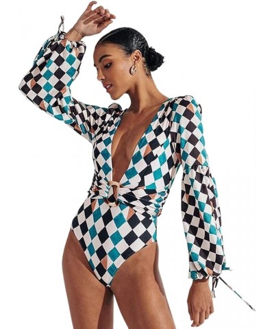 Women's Puff Long Sleeves One Piece Swimsuit Rash Guard V-Neck Bathing Suit Plaid $23.51 Swimsuits