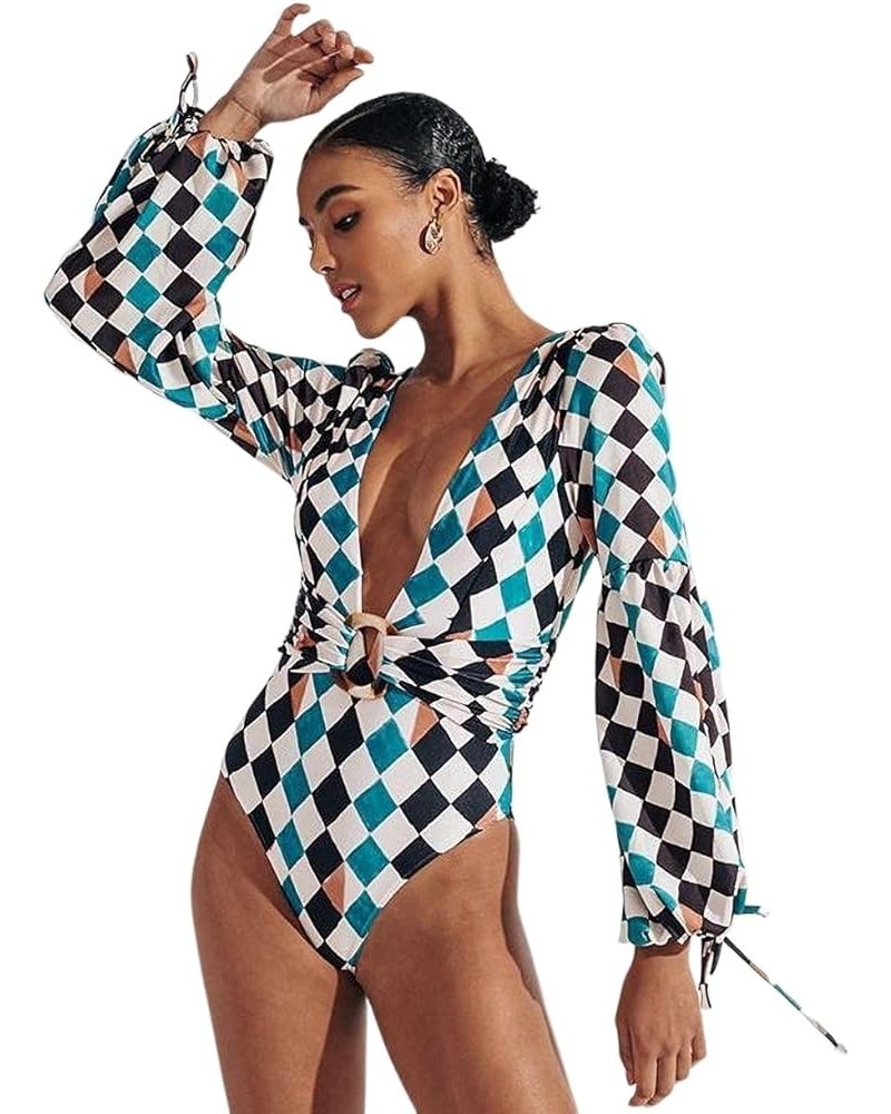 Women's Puff Long Sleeves One Piece Swimsuit Rash Guard V-Neck Bathing Suit Plaid $23.51 Swimsuits