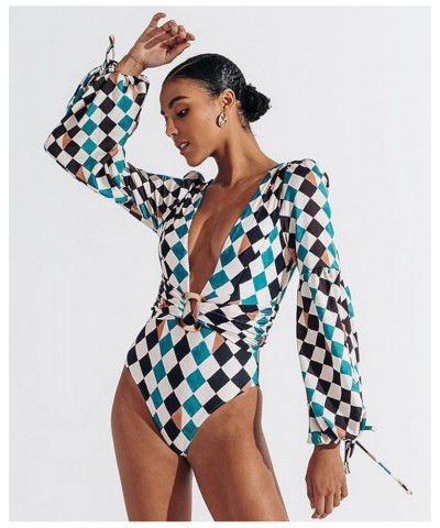 Women's Puff Long Sleeves One Piece Swimsuit Rash Guard V-Neck Bathing Suit Plaid $23.51 Swimsuits