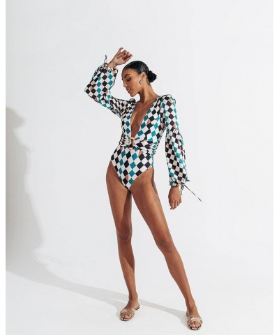 Women's Puff Long Sleeves One Piece Swimsuit Rash Guard V-Neck Bathing Suit Plaid $23.51 Swimsuits