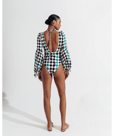 Women's Puff Long Sleeves One Piece Swimsuit Rash Guard V-Neck Bathing Suit Plaid $23.51 Swimsuits