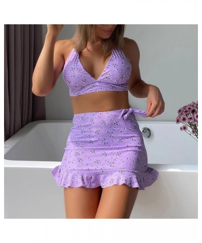 Women 3PC Bikini 2024 Fshion Summrt Tankini Multi Colored Floral Sexy Halter Neck Split Swimsuit with Chest pad Purple $8.83 ...