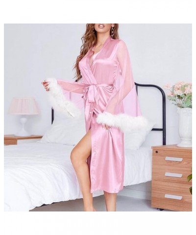 Women's Feather Trim Kimono Robe Babydoll Lingerie Mesh Long Bridal Robe Nightgown Zz09-pink $7.29 Sleep & Lounge