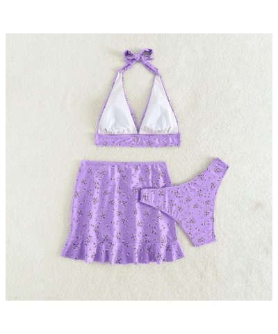 Women 3PC Bikini 2024 Fshion Summrt Tankini Multi Colored Floral Sexy Halter Neck Split Swimsuit with Chest pad Purple $8.83 ...