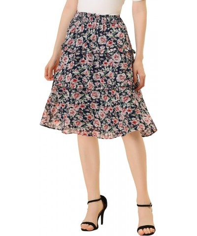 Women's Floral Skirts Summer Smocked Elastic Waist A-Line Below Knee Length Ruffle Tiered Skirt Dark Blues $14.20 Skirts