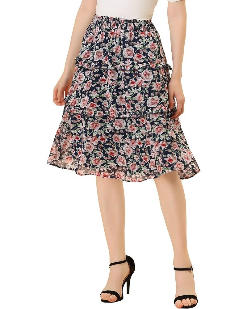 Women's Floral Skirts Summer Smocked Elastic Waist A-Line Below Knee Length Ruffle Tiered Skirt Dark Blues $14.20 Skirts