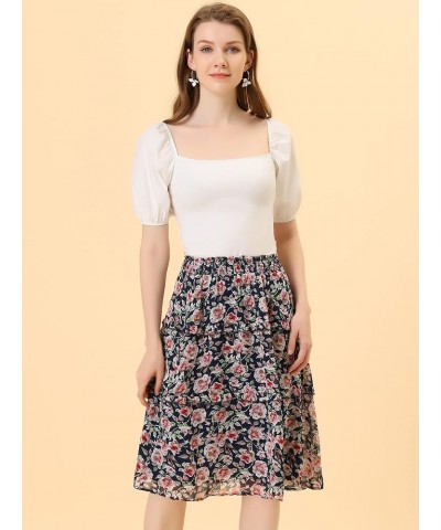 Women's Floral Skirts Summer Smocked Elastic Waist A-Line Below Knee Length Ruffle Tiered Skirt Dark Blues $14.20 Skirts