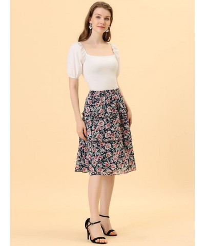 Women's Floral Skirts Summer Smocked Elastic Waist A-Line Below Knee Length Ruffle Tiered Skirt Dark Blues $14.20 Skirts