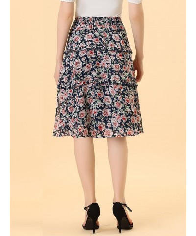 Women's Floral Skirts Summer Smocked Elastic Waist A-Line Below Knee Length Ruffle Tiered Skirt Dark Blues $14.20 Skirts