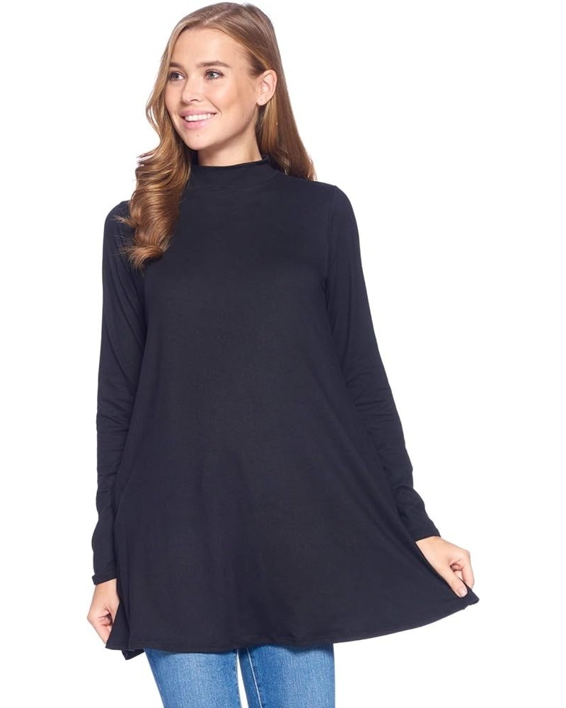 Long Sleeve Solid Mock Neck Pocket Swing Tunic T-Shirt Top (S-3X) Black $17.35 Tops