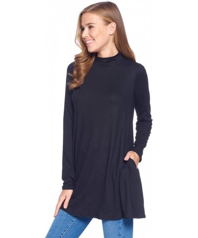 Long Sleeve Solid Mock Neck Pocket Swing Tunic T-Shirt Top (S-3X) Black $17.35 Tops